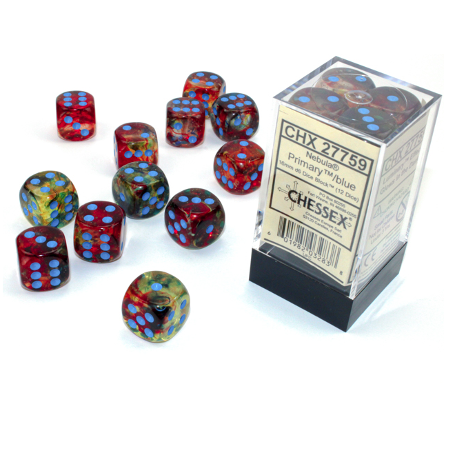 Block of 12 6-sided 16mm Dice - Chessex 27759 Nebula Primary with Blue Pips Luminary - Glows!