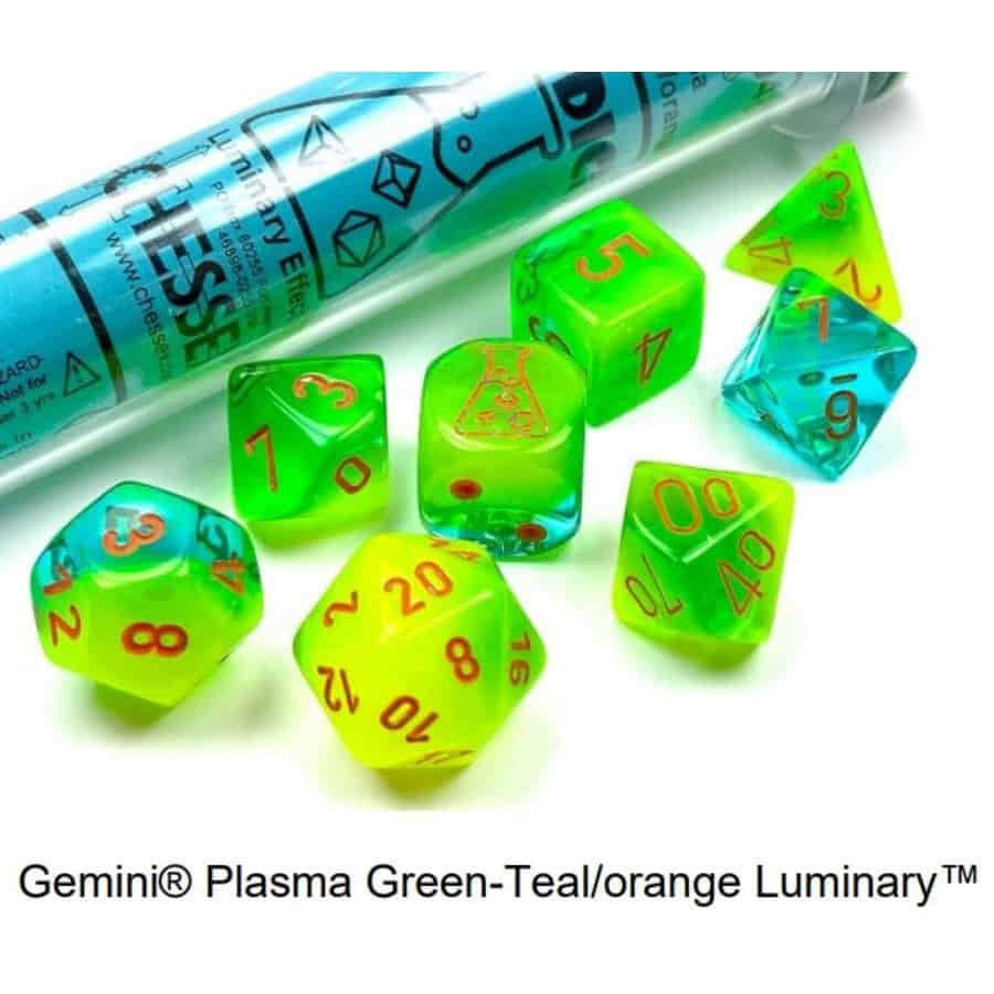 Chessex Lab Dice Series 5: (Luminary) Gemini Plasma Green-Teal With Orange Numbers (7Ct)