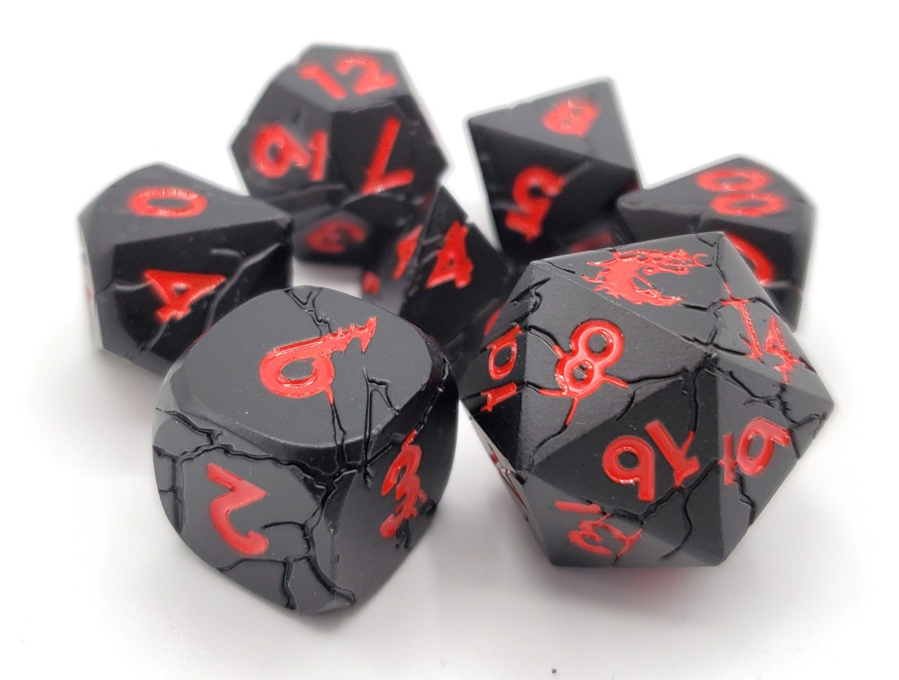 Old School 7 Piece Dnd RPG Metal Dice Set Orc Forged - Matte Black W/ Red