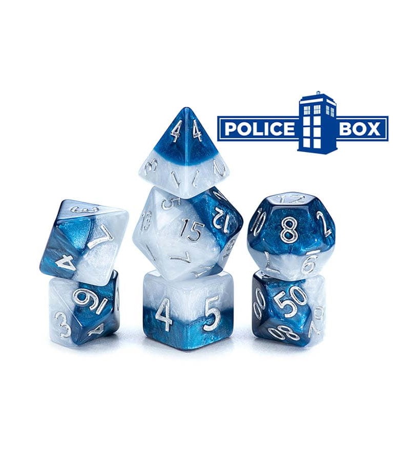 Gate Keeper Games Halfsies Dice: 7-Die Polyhedral Set “Police Box” (Time Lord Blue & Doctor White)