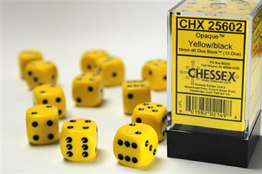 Block of 12 6-Sided 16mm Dice - Chessex Opaque Yellow with Black Numerals CHX 25602