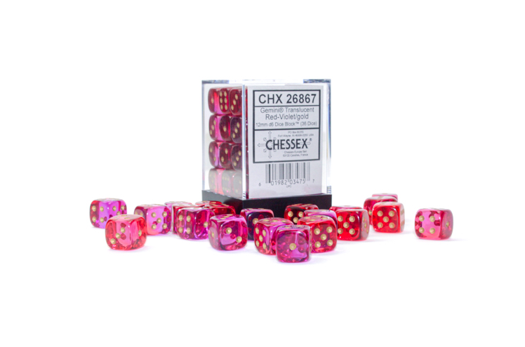 Chessex Gemini: 12 Millimeter 6 Sided Translucent Red-Violet with Gold Dots Dice Block 36 Dice Set