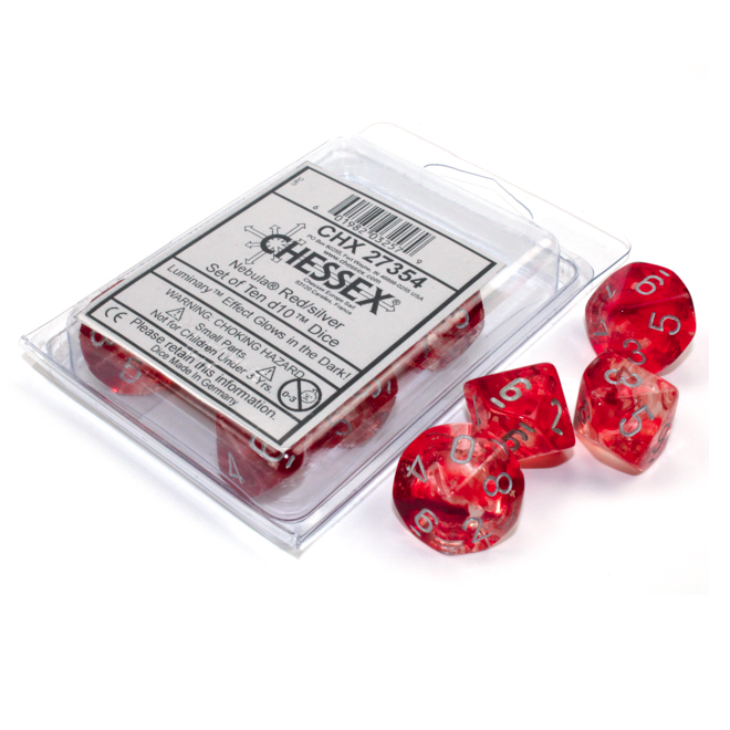 Set of 10 10-Sided Dice - Chessex Nebula Red With Silver Numerals Luminary - Glows In The Dark!