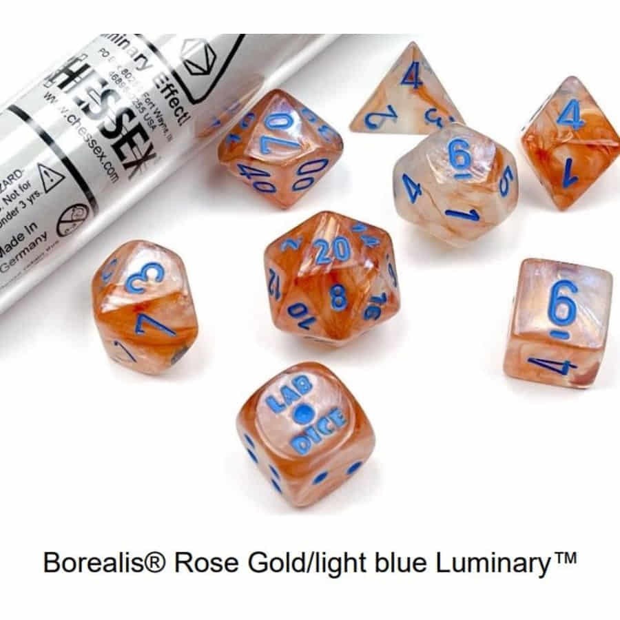 Chessex Lab Dice Series 5: Borealis (Luminary) Rose Gold with Light Blue Numbers (7ct)