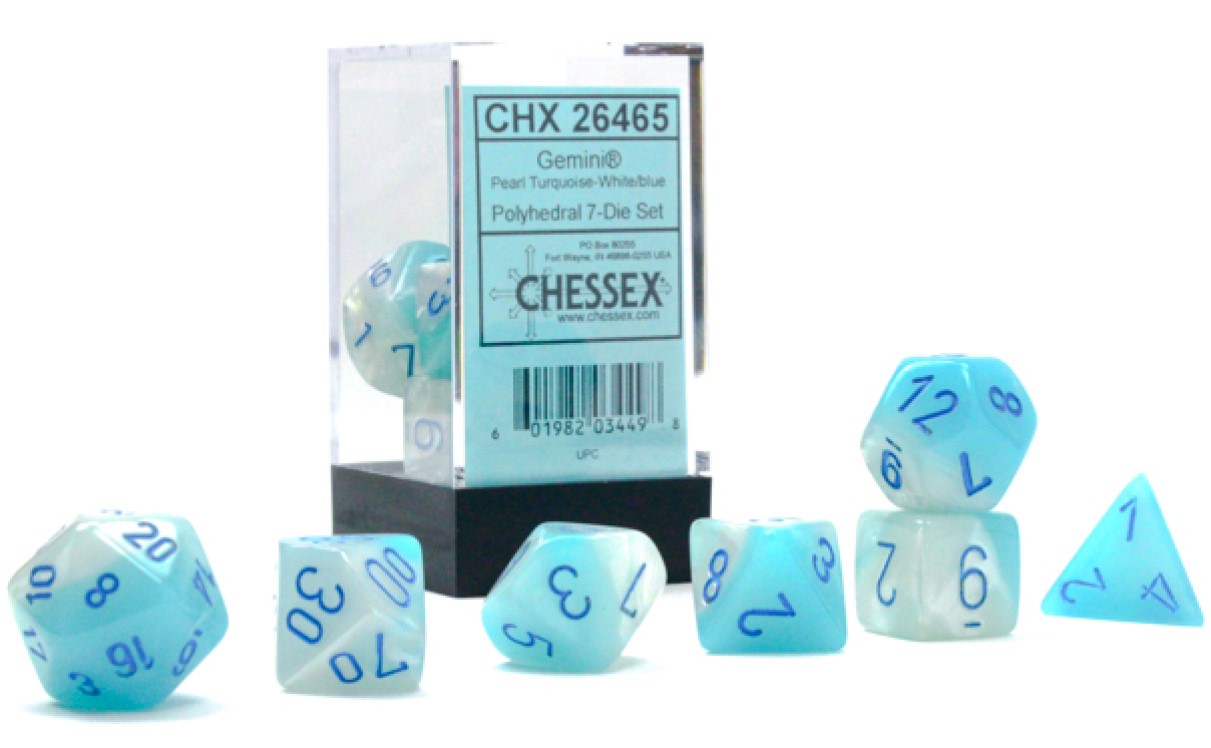 Chessex Gemini: Poly Pearl Turquoise-White/Blue Luminary 7-Die Set
