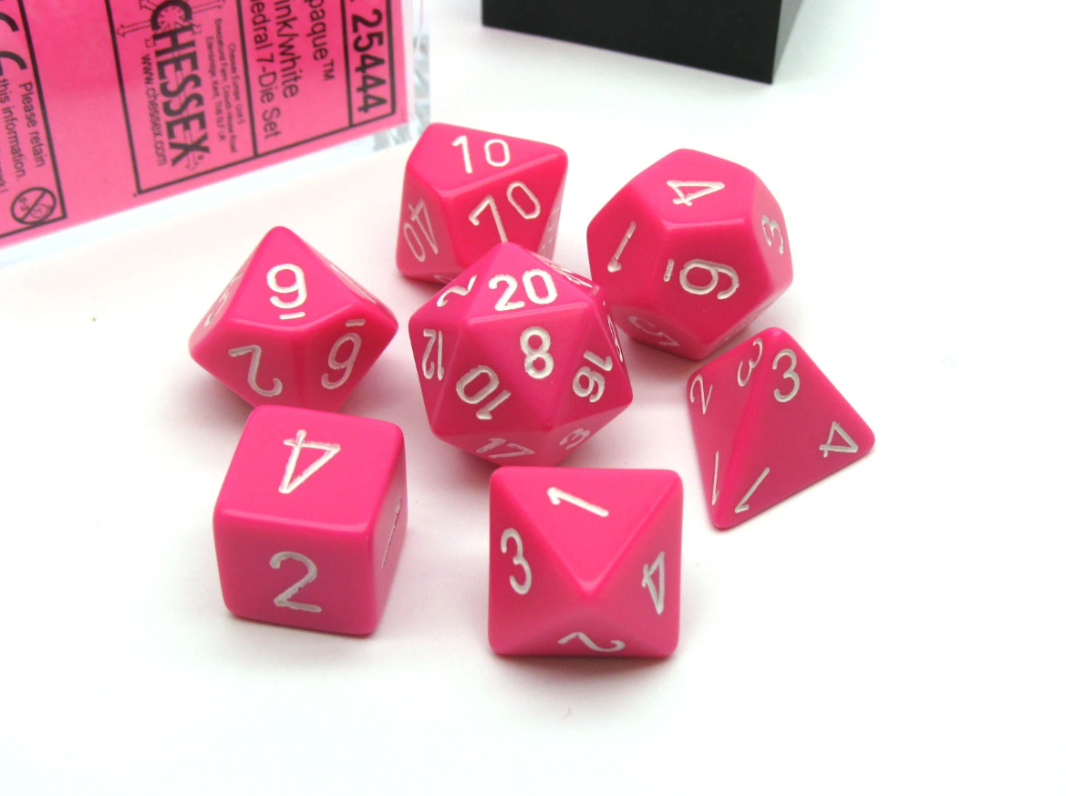 Dice Set of 7 - Chessex Opaque Pink With White Numerals Chx 25444