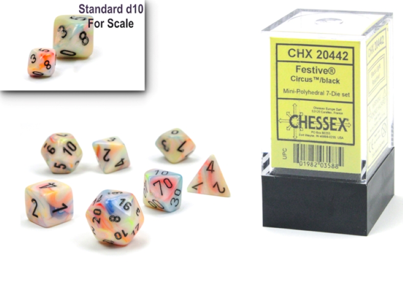 Chessex Festive Mini Polyhedral 7 Die Set: Circus with Black Numerals