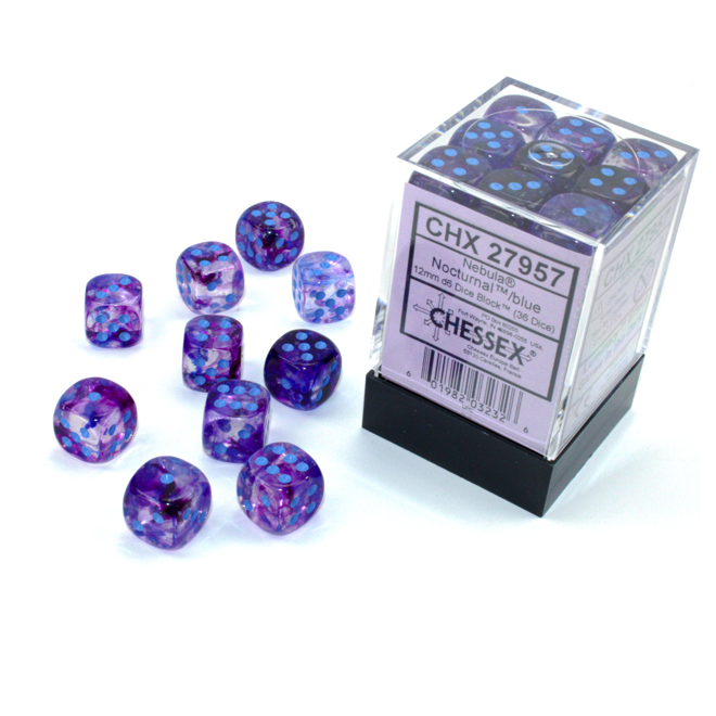 Block of 36 6-sided 12mm Dice - Nebula Nocturnal with Blue Pips - Glows in the dark!