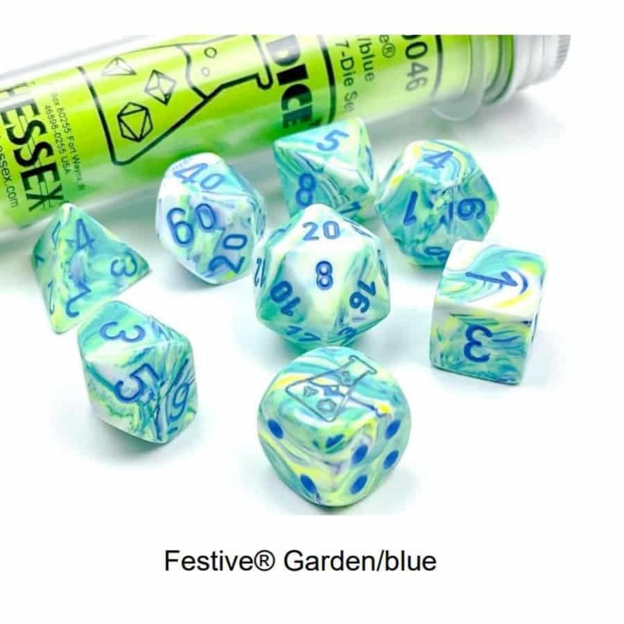 Chessex Lab Dice Series 5: (Luminary) Festive Garden with Blue Numbers (7ct)