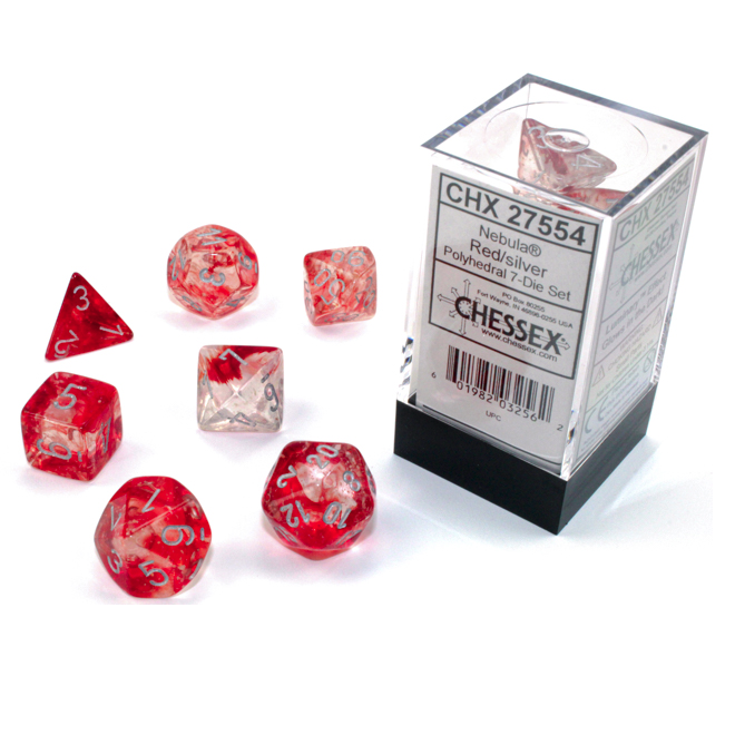 Dice Set of 7 - Chessex Nebula Red with Silver Numerals Luminary - Glows! 27554