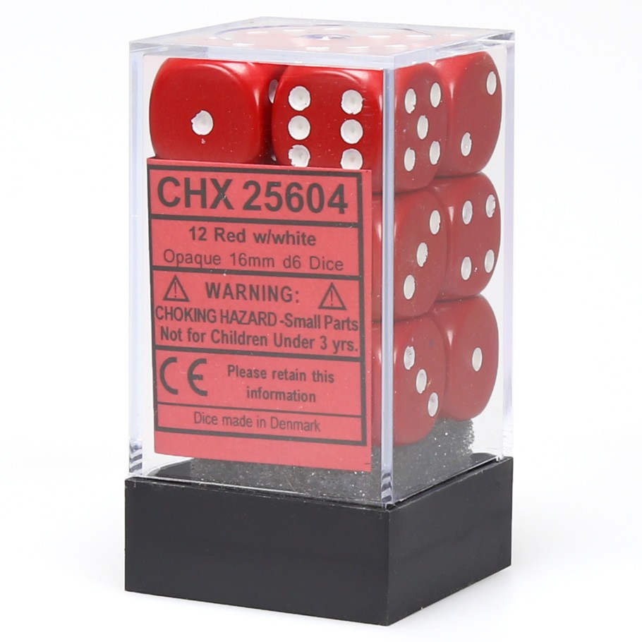 Block of 12 6-Sided 16mm Dice - Chessex Opaque Red with White Numerals
