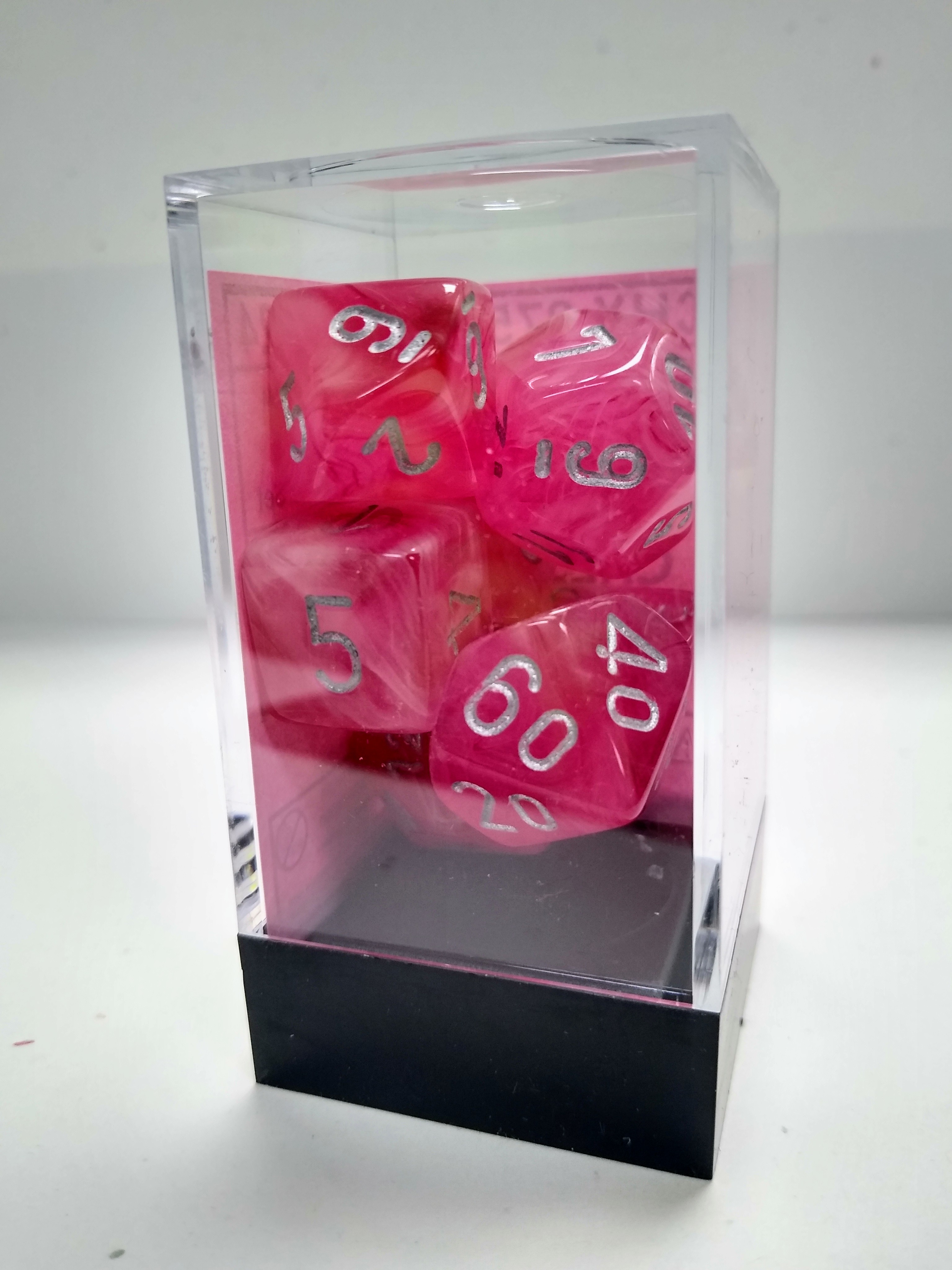 Dice Set of 7 - Chessex Ghostly Glow Pink with Silver Numerals CHX 27524