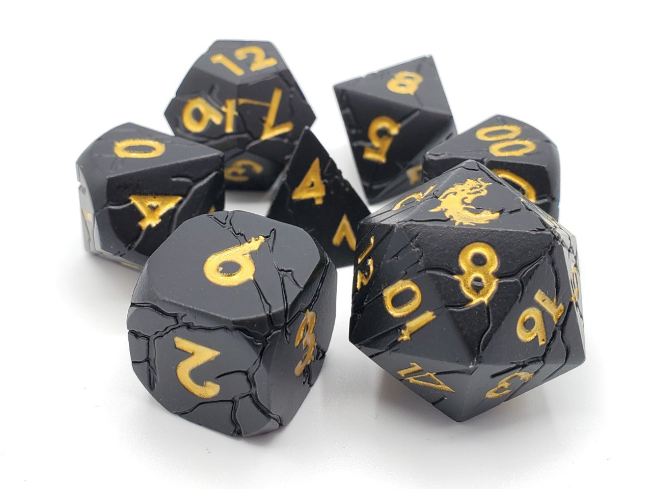 Old School 7 Piece Dnd RPG Metal Dice Set Orc Forged - Matte Black W/ Gold