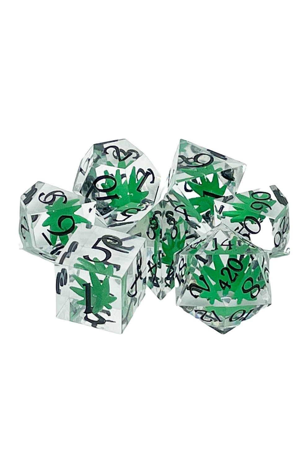 Old School 7 Piece Dnd Rpg Dice Set: Sharp Edged - It's 4:20 Time - Green W/ Black