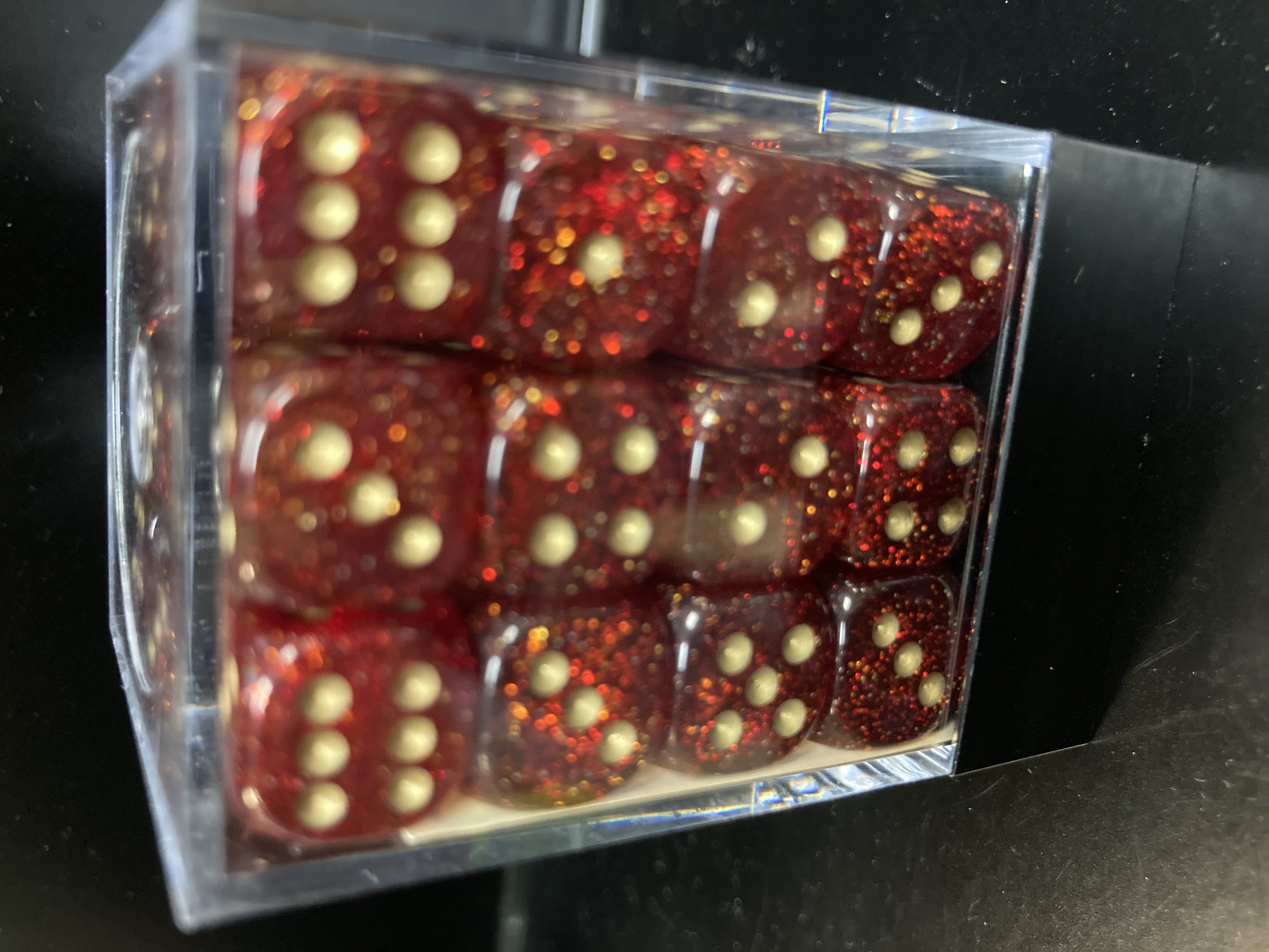Block of 36 6-Sided 12mm Dice - Chessex Glitter Ruby with Gold Numerals CHX 27904