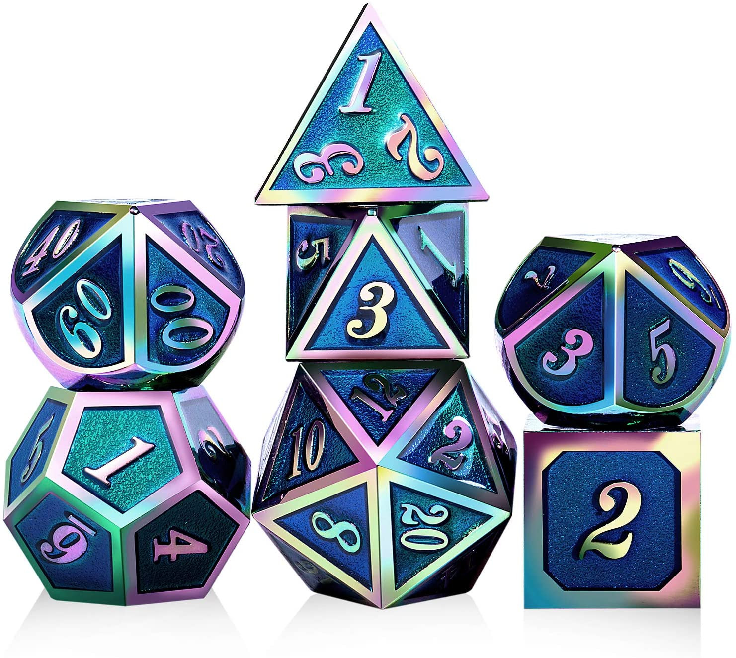 Dice Set of 7 - 16mm Blue Enamel with Rainbow Numerals - Made of Solid Metal!