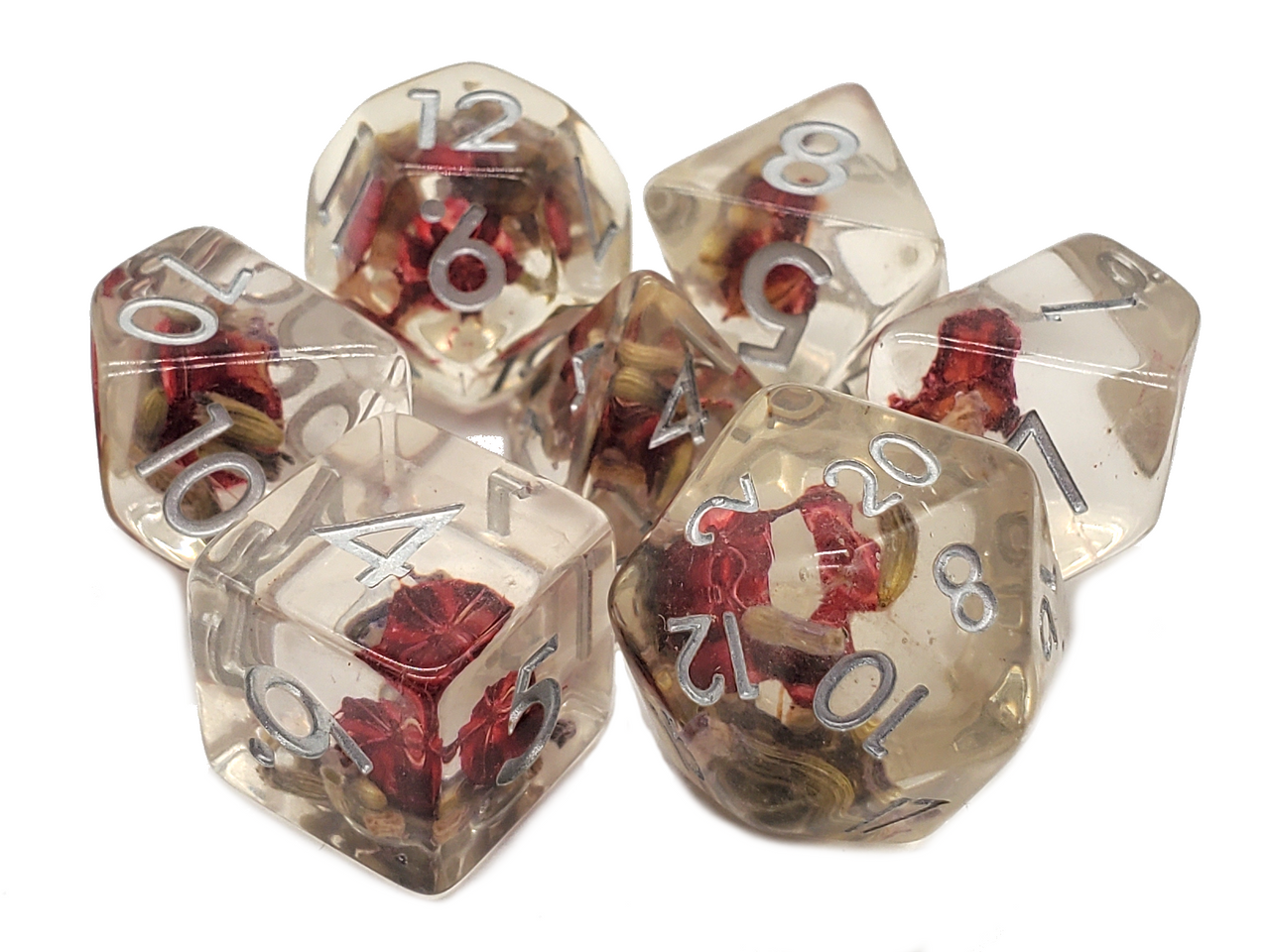 Old School 7 Piece Dnd RPG Dice Set Infused - Red Flower - New