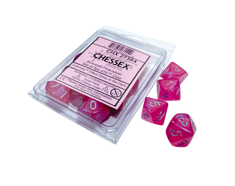 Chessex Borealis: Pink/Silver Luminary Set of Ten D10s