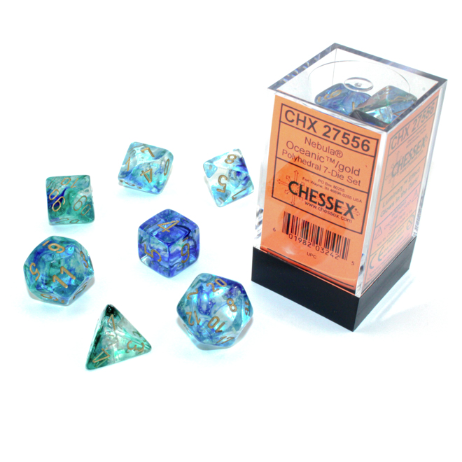 Dice Set of 7 - Chessex Nebula Oceanic with Gold Numerals Luminary - Glows in the Dark! CHX 27556