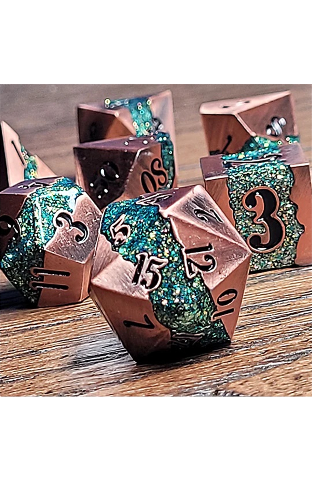 Galactic Flow Copper Green 7-Piece Metal Dice Set