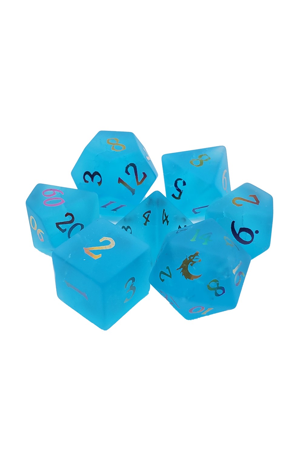 Old School 7 Piece Dnd Rpg Gemstone Set: Frosted Blast Glass - Blue Sapphire W/ Spectral