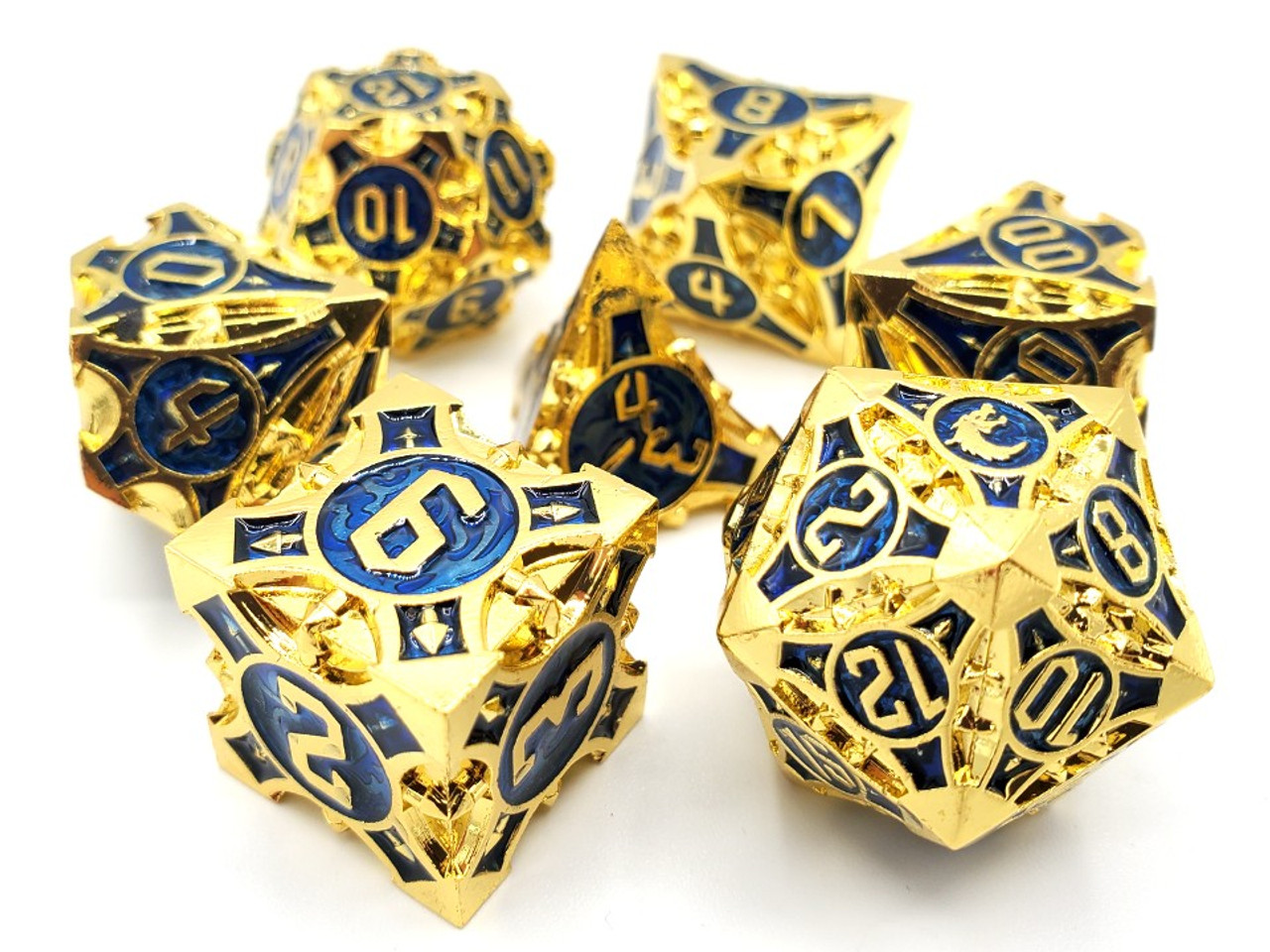 Old School 7 Piece Dnd RPG Metal Dice Set Gnome Forged - Gold W/ Blue