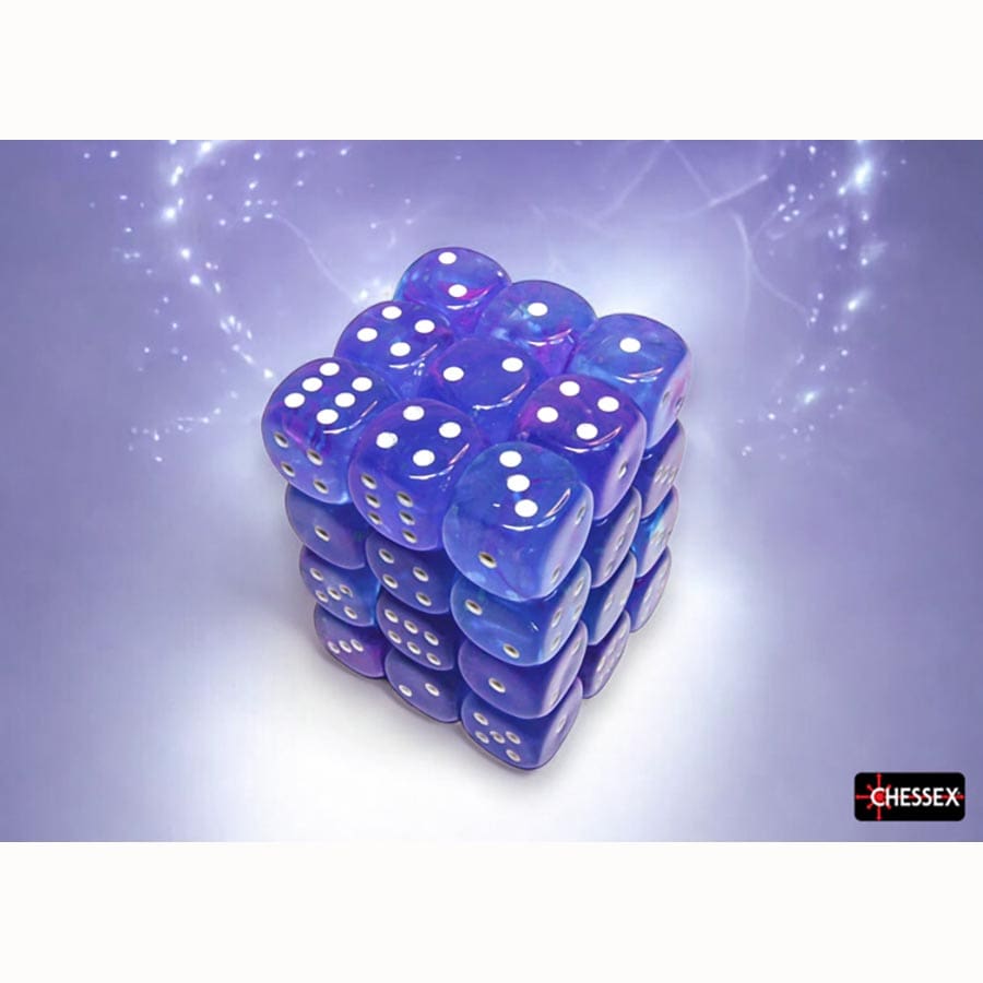 Chessex Dice: Nebula Aura with White Pips 12mm D6 Glow-In-The-Dark Dice Block (36)