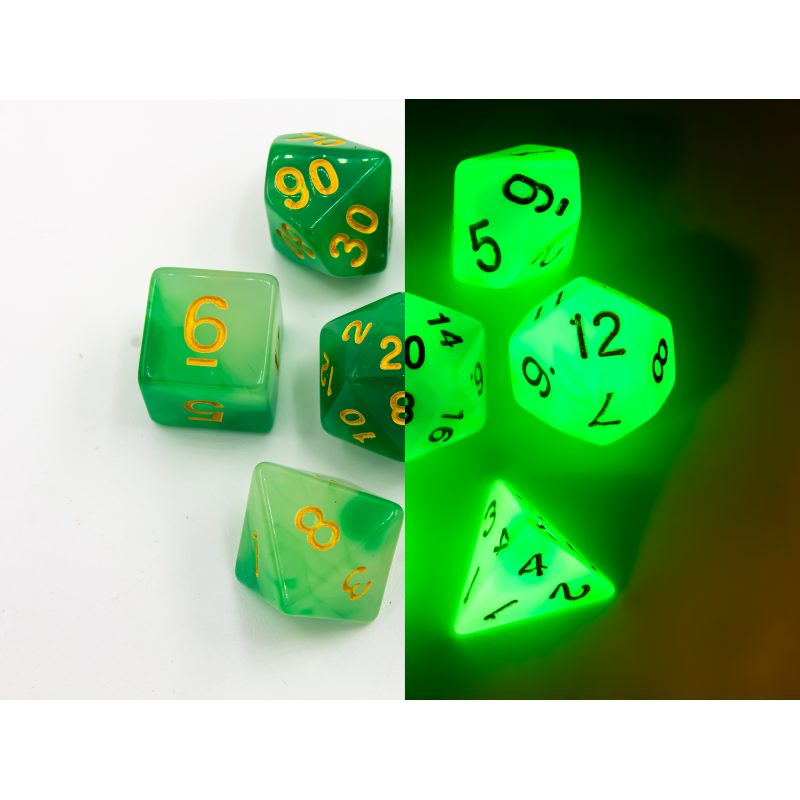 Dice Set of 7 - Fusion Green & White With Gold Numerals - Glows In The Dark!