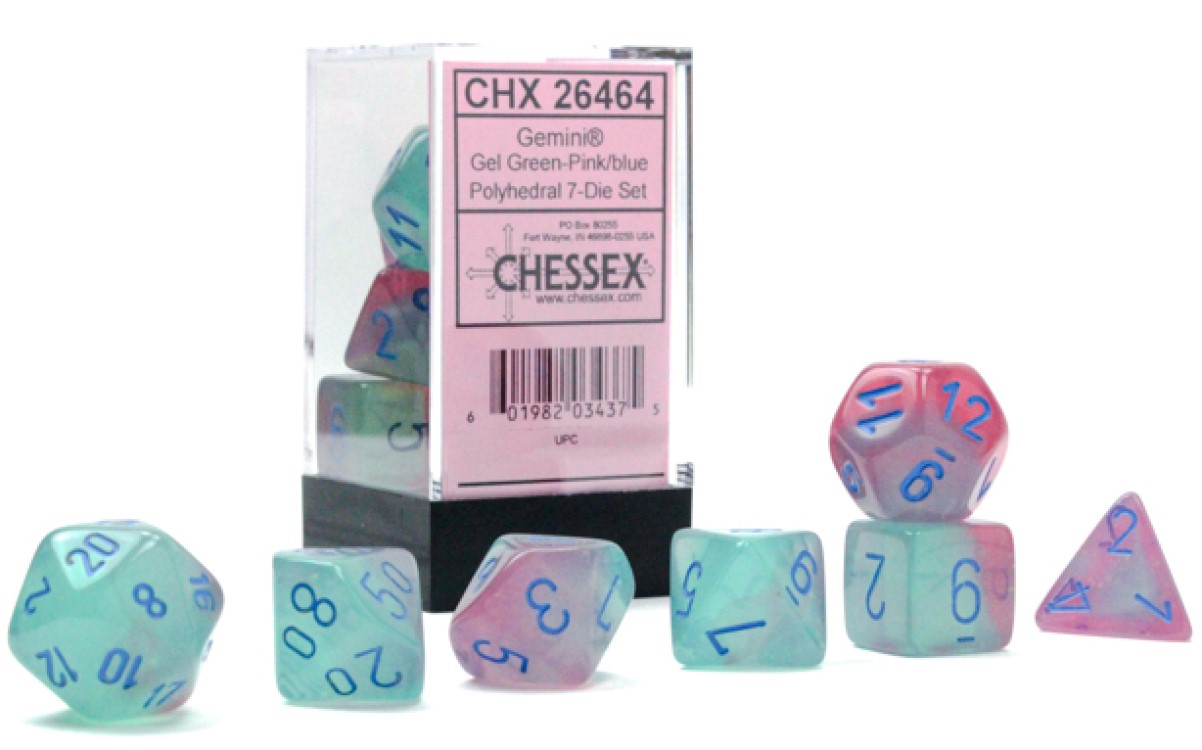 Chessex Gemini Green and Pink with Blue Numerals Luminary - Glow in the Dark 7 Die Set