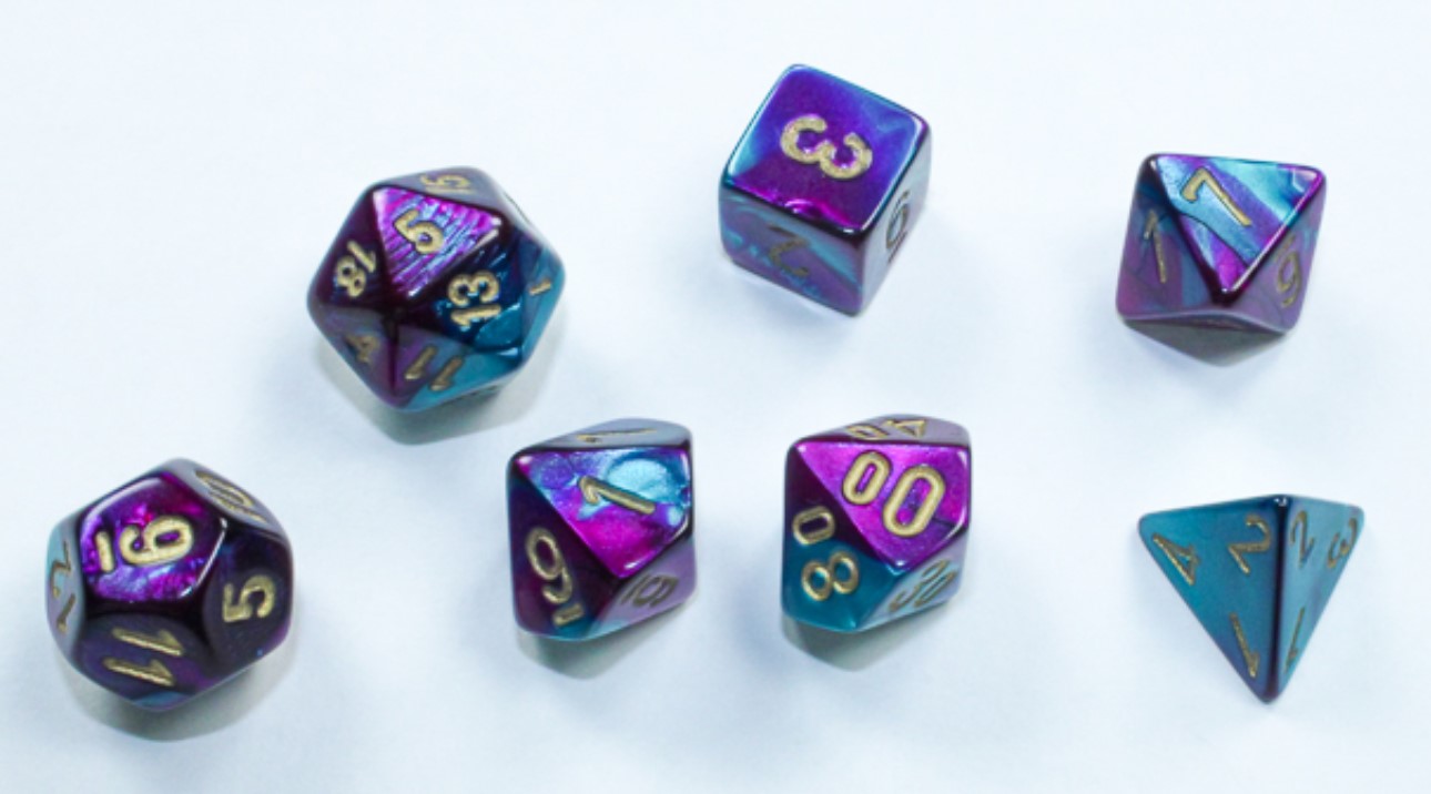 Chessex Dice: Gemini Purple-Teal /gold Mini-Polyhedral 7-Die Set