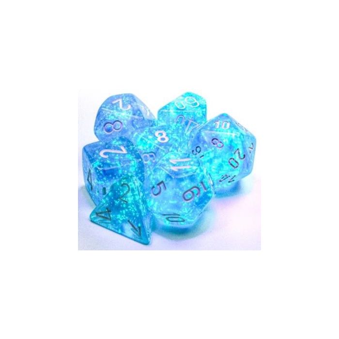 Dice Set of 7 - Chessex Borealis Sky Blue with White Numerals Luminary - Glows in the Dark! 27586