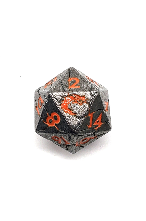 Old School Dnd Rpg Metal D20: Orc Forged - Ancient Silver W/ Orange Osdmtl-10320