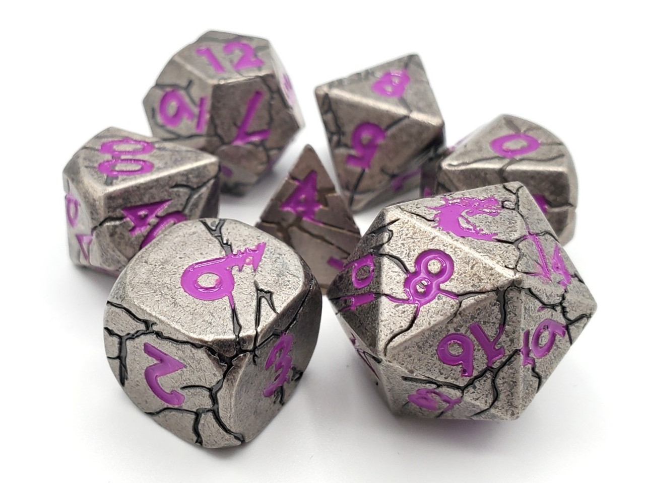 Old School 7 Piece Dnd RPG Metal Dice Set Orc Forged - Ancient Silver W/ Magenta