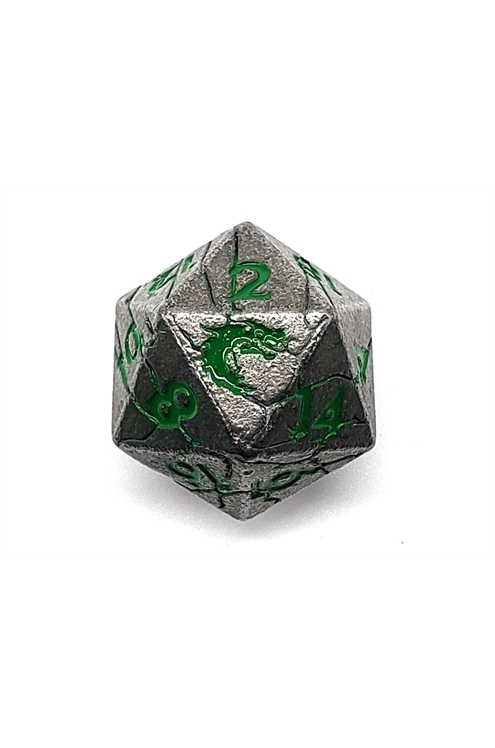 Old School Dnd Rpg Metal D20: Orc Forged - Ancient Silver W/ Green Osdmtl-10220
