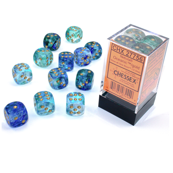 Block of 12 6-sided 16mm Dice - Chessex 27756 Nebula Oceanic with Gold Pips Luminary - Glows!