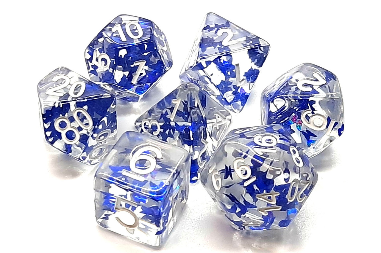 Old School 7 Piece Dnd RPG Dice Set Infused - Sapphire Butterfly