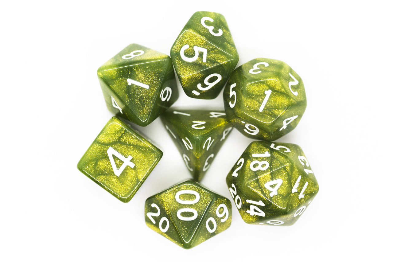 Old School 7 Piece Dnd RPG Dice Set Pearl Drop - Shimmer Green