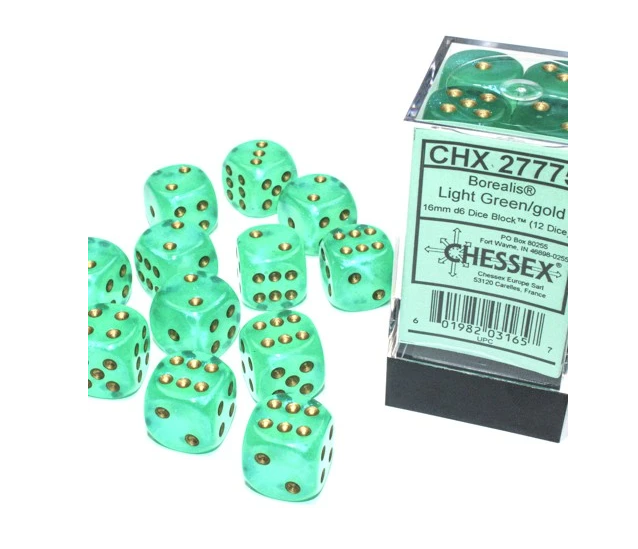 Block of 36 6-Sided 12mm Dice - Chessex Borealis Light Green with Gold Numerals Luminary Glows 27975