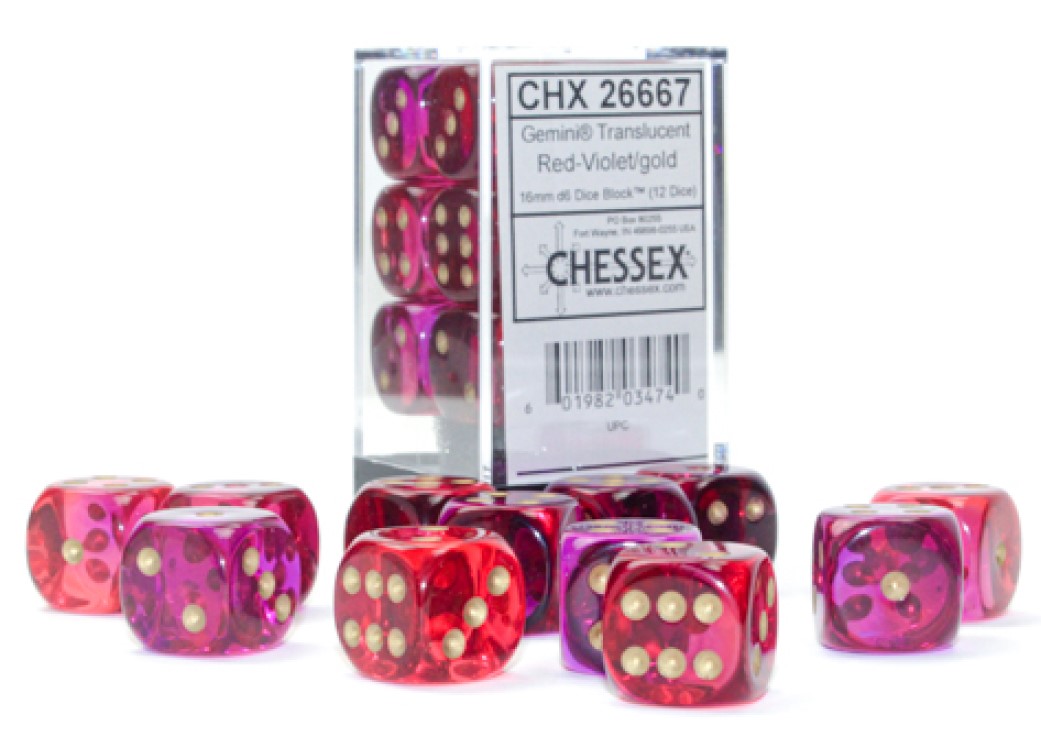 Chessex Dice: Gemini Translucent Red-Violet /gold 16mm D6 Dice Block (12 Dice)