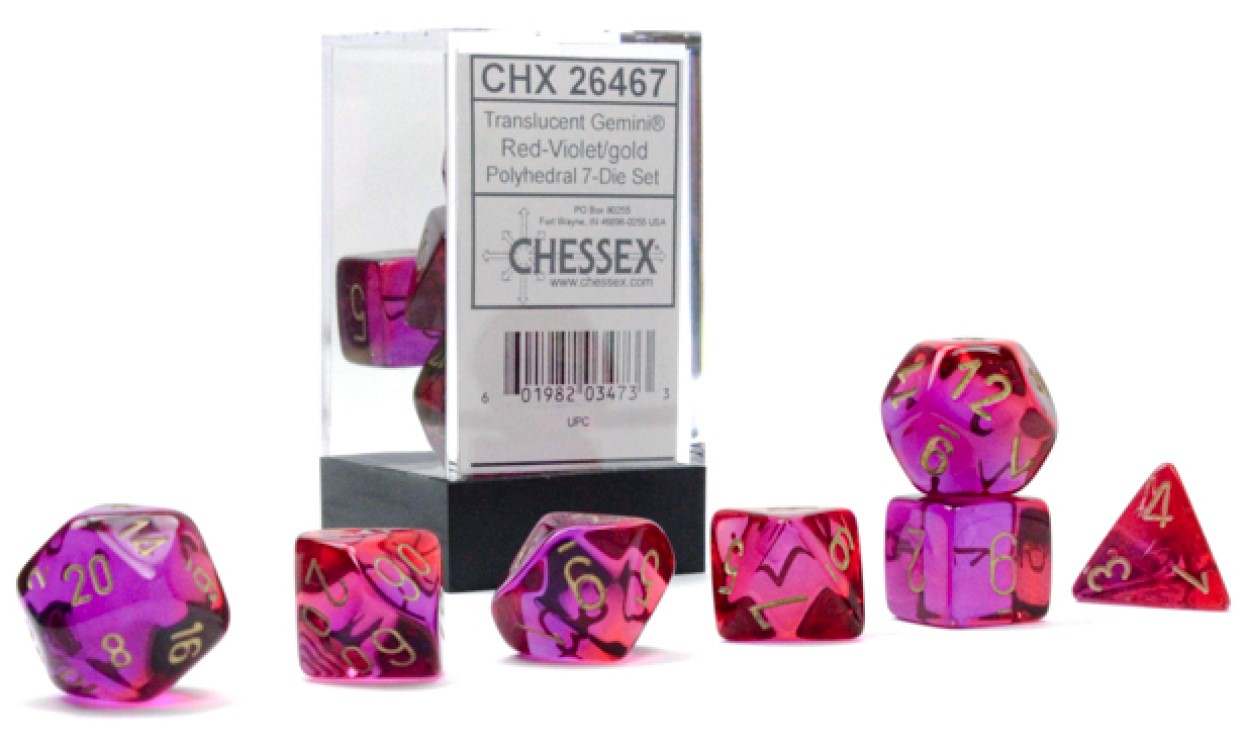 Dice Set of 7 - Chessex Translucent Red & Violet with Gold Numerals