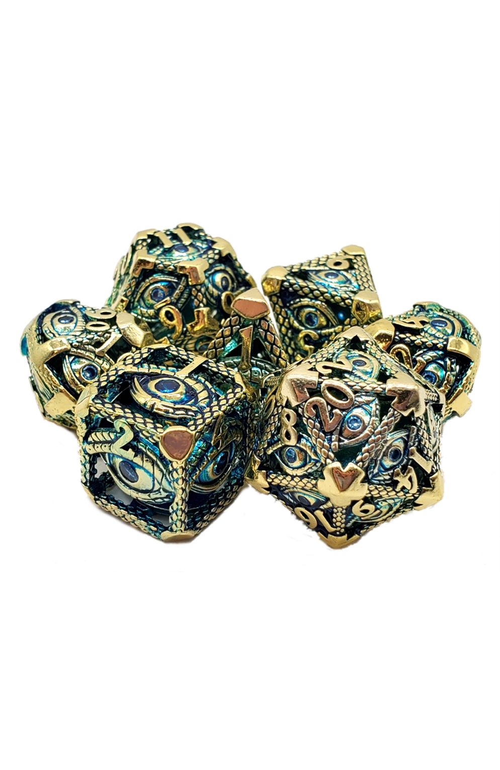 Old School 7 Piece Dnd Rpg Metal Dice Set: Hollow All Seeing Eye Dice - Gold W/ Blue