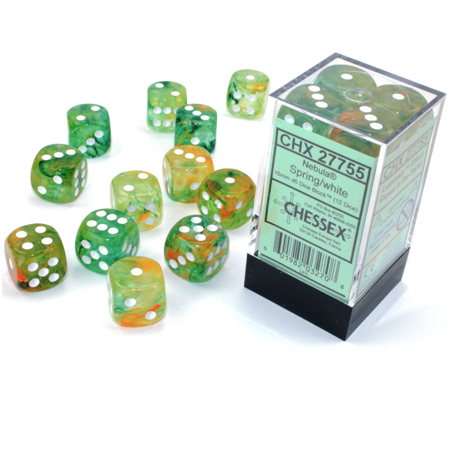 Block of 12 6-sided 16mm Dice - Chessex 27755 Nebula Spring with White Pips Luminary - Glows!