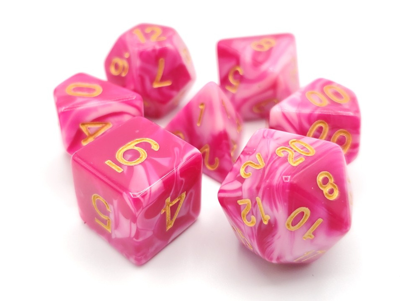 Old School 7 Piece Dnd RPG Dice Set Vorpal - Rose Red & White W/ Gold