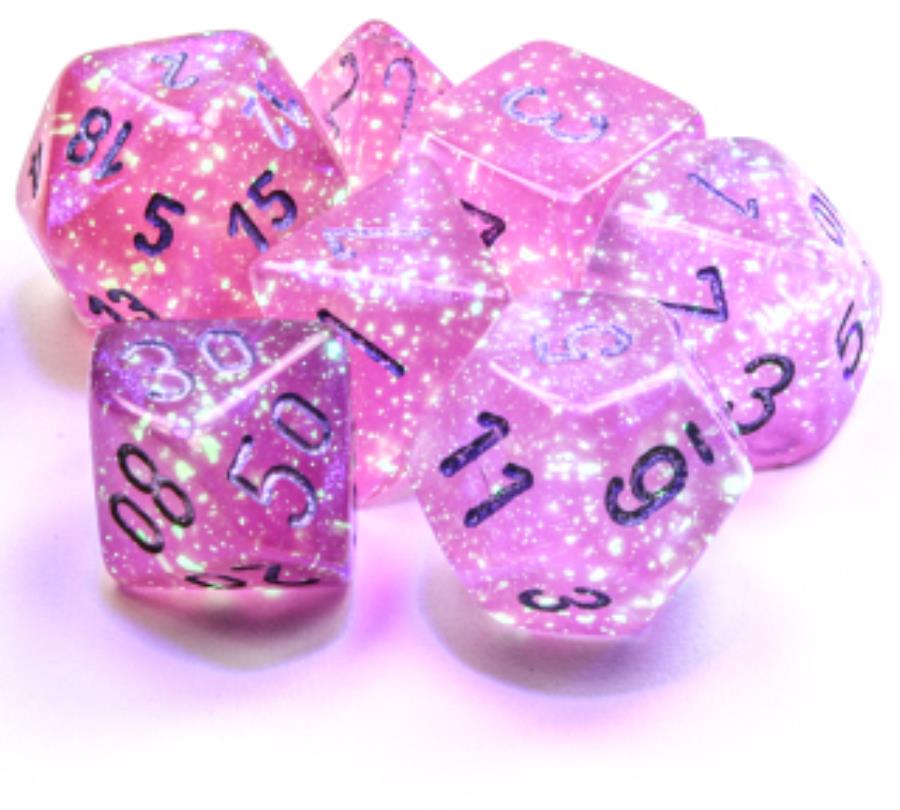 Chessex Borealis Pink with Silver Numerals Luminary Polyhedral 7 Die Set