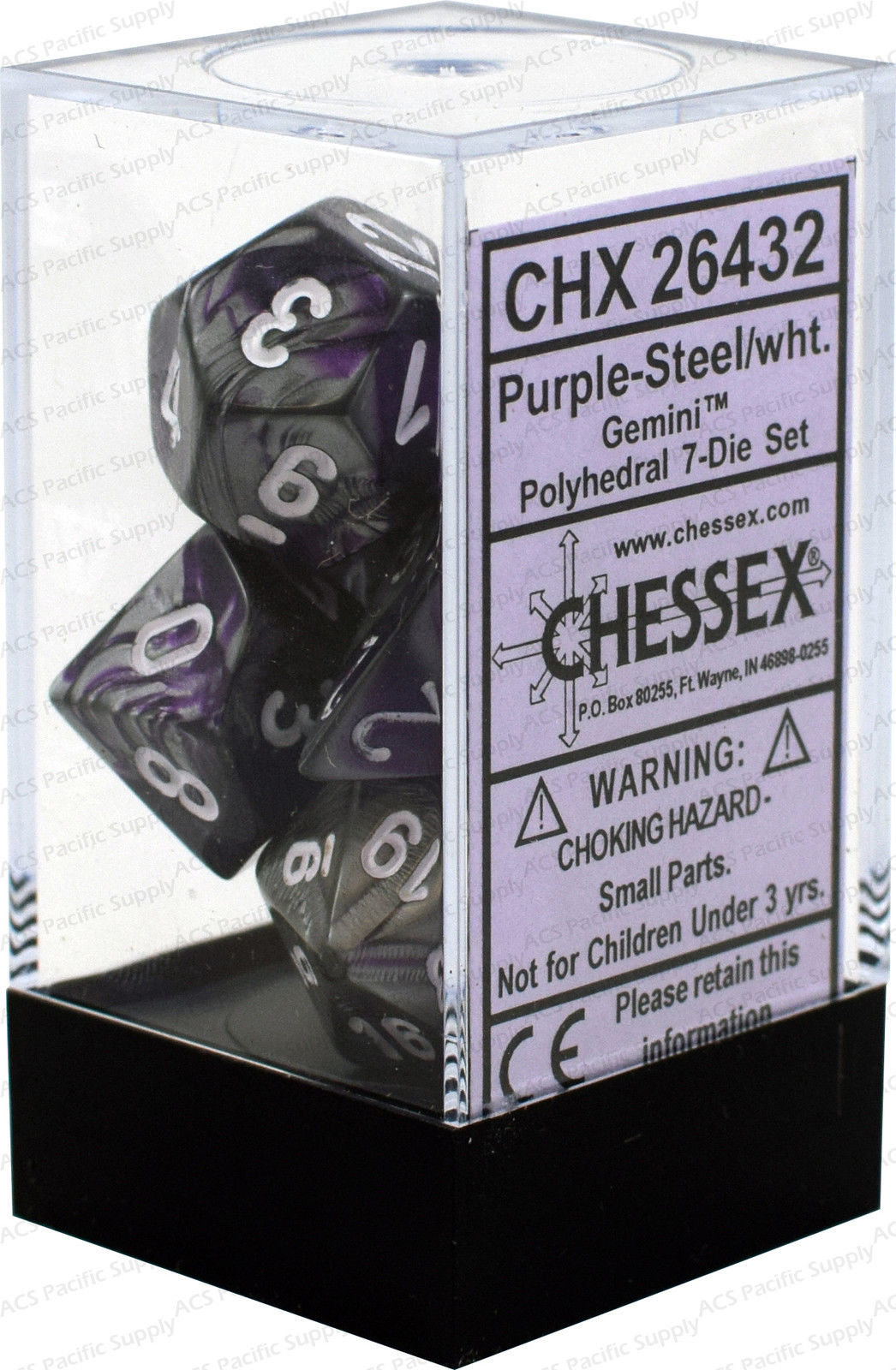 Dice Set of 7 - Chessex Gemini Puprle & Steel with White Numerals CHX 26432