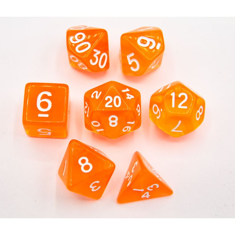 Dice Set of 7 - Transparent Orange with White Numerals
