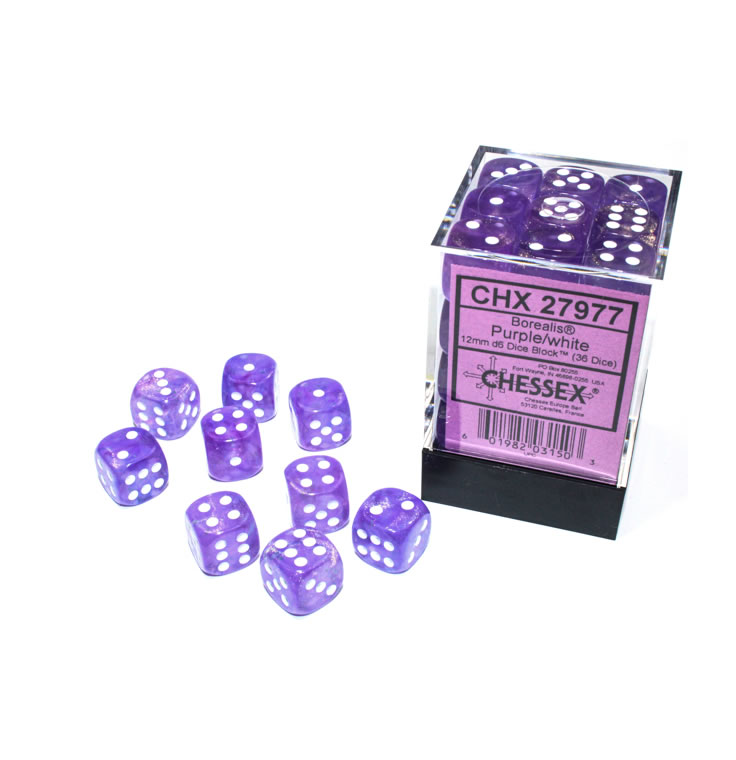 Block of 36 6-Sided 12mm Dice - Chessex Borealis Purple with White Numerals Luminary - Glows! 27977