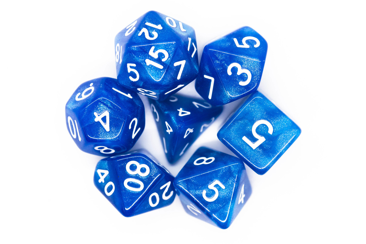 Old School 7 Piece Dnd RPG Dice Set Pearl Drop - Shimmer Blue