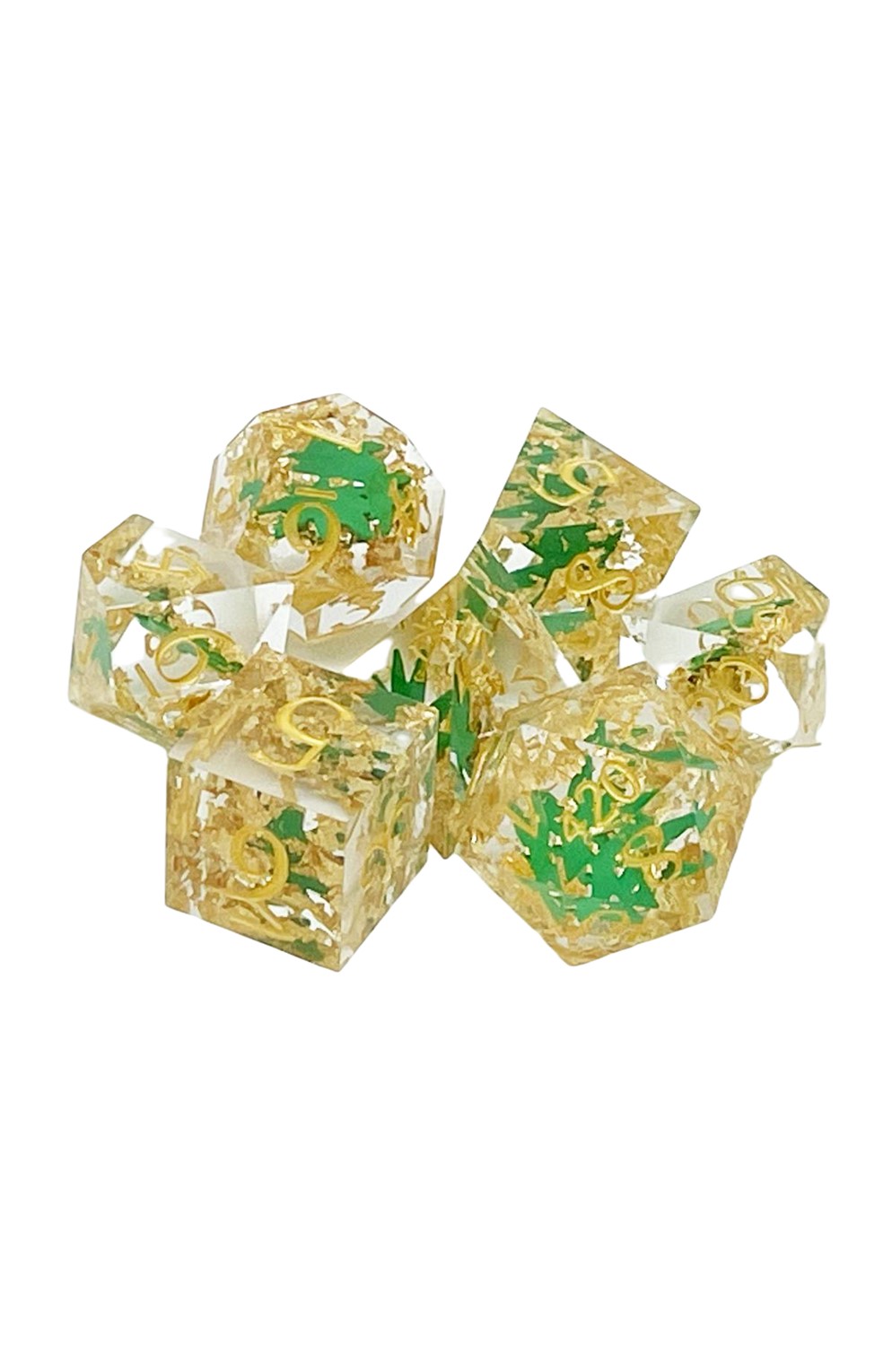 Old School 7 Piece Dnd Rpg Dice Set: Sharp Edged - It's 4:20 Time - Green W/ Gold