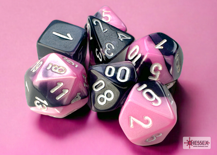 Gemini: Mini-Polyhedral Black-Pink/White 7-Die Set